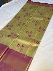 Golden Olive Kanchipuram Silk Saree with Floral Zari Weave & Rich Pallu