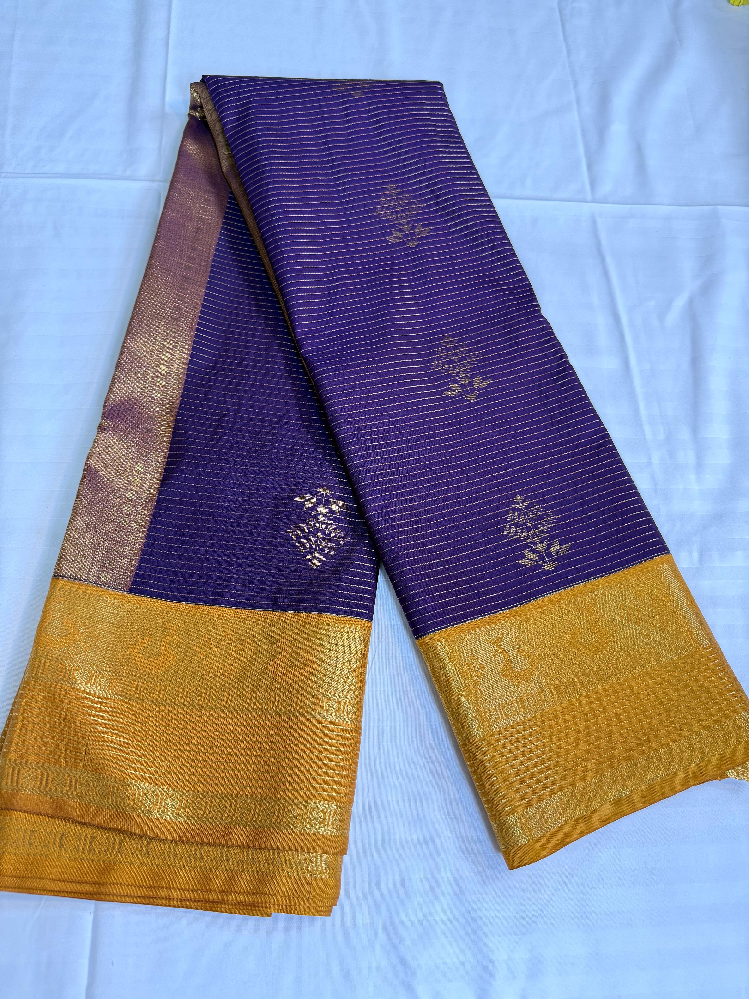 Purple & Mustard Kanchipuram Silk Saree with Gold Zari Stripes