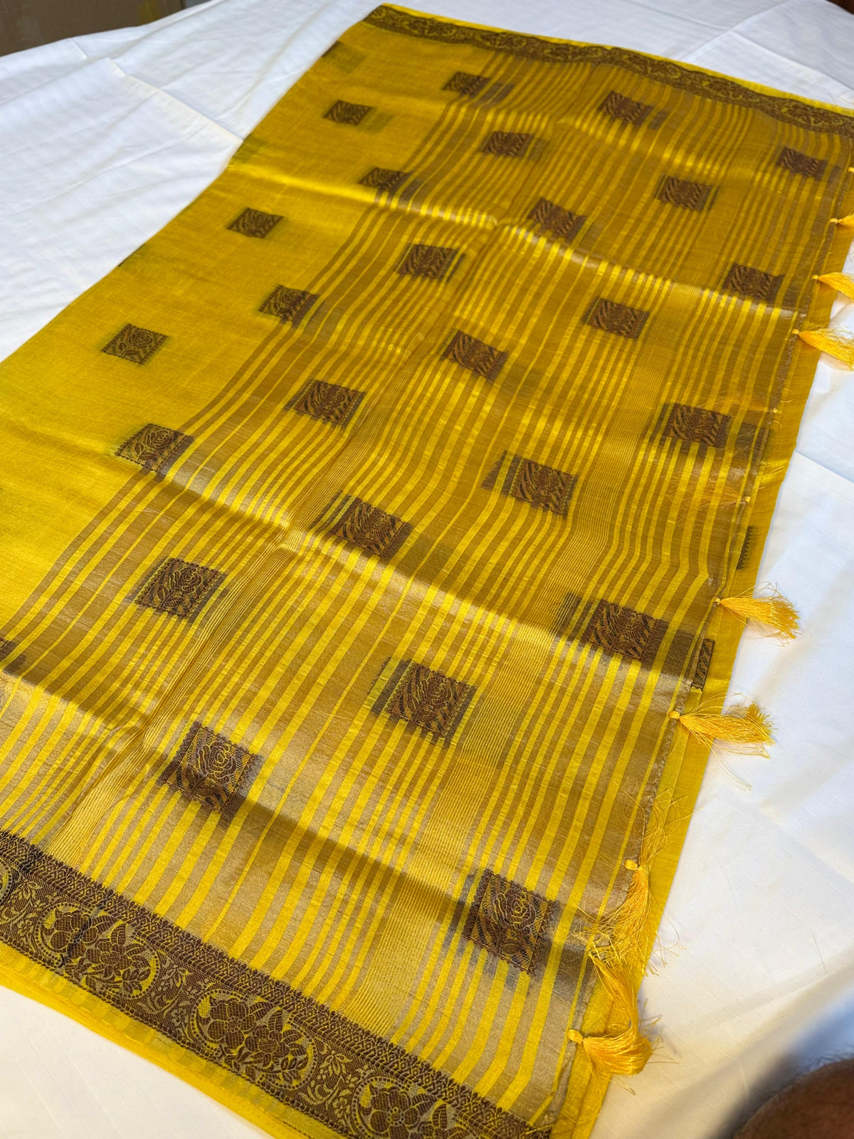 Golden Mustard Semi Fancy Silk Saree with Antique Zari Checks