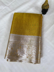 Golden Mustard Kanchipuram Silk Saree with Silver Zari & Dual-Tone Lotus Border