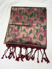 Ikat-Inspired Peach & Wine Soft Silk Saree with Gold Zari Scrollwork Pallu