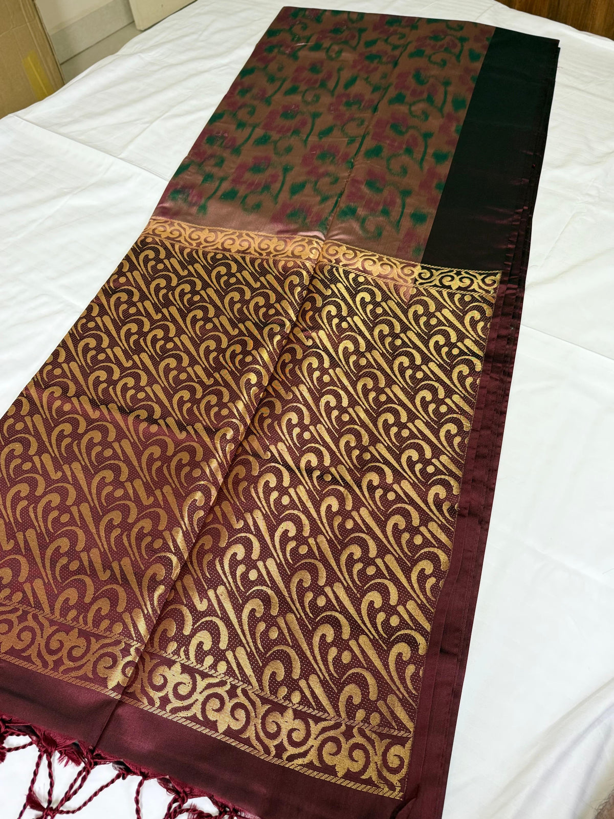 Ikat-Inspired Peach & Wine Soft Silk Saree with Gold Zari Scrollwork Pallu