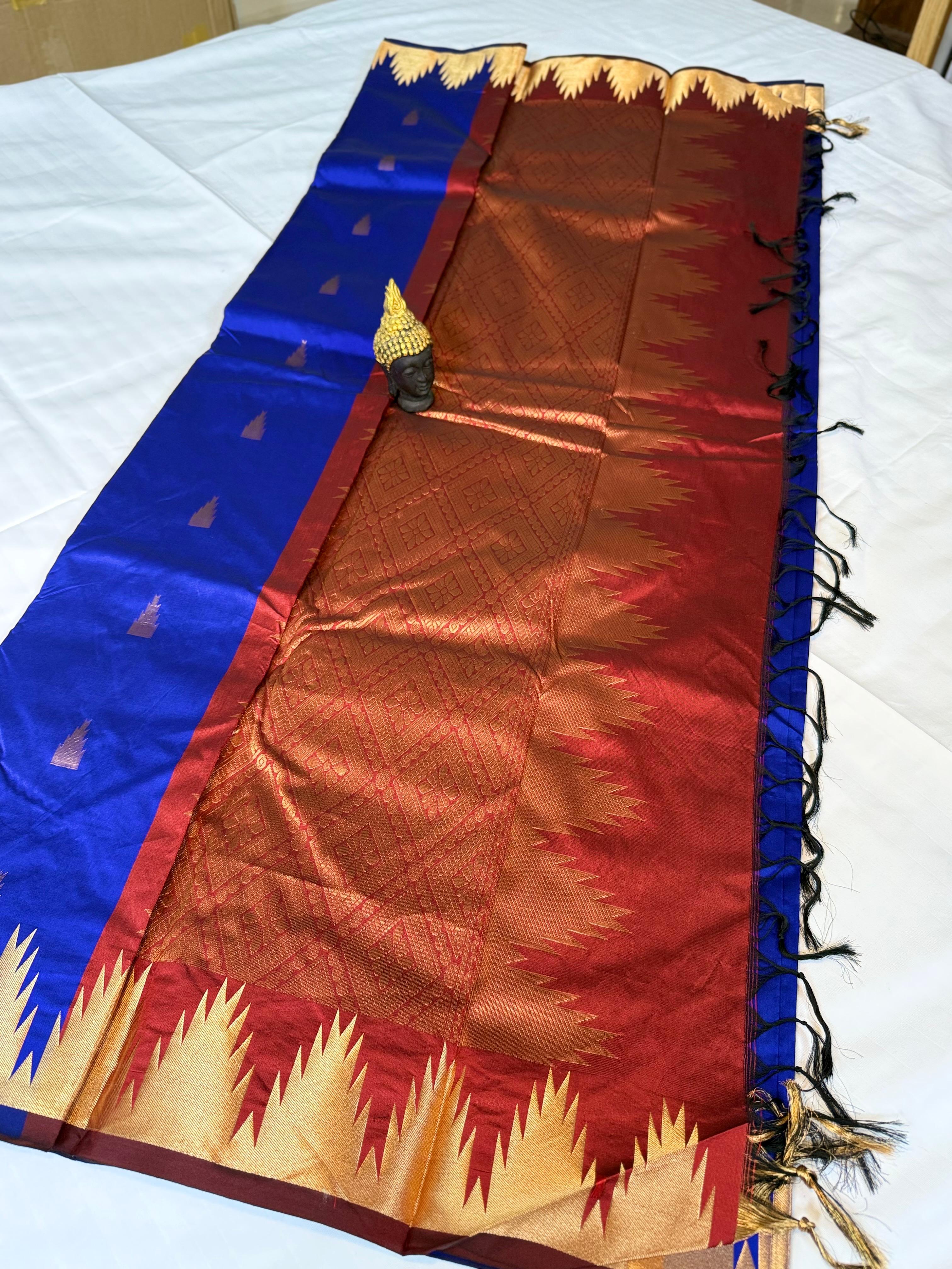 Royal Blue & Rust Red Kanchipuram Silk Saree with Gold Temple Border