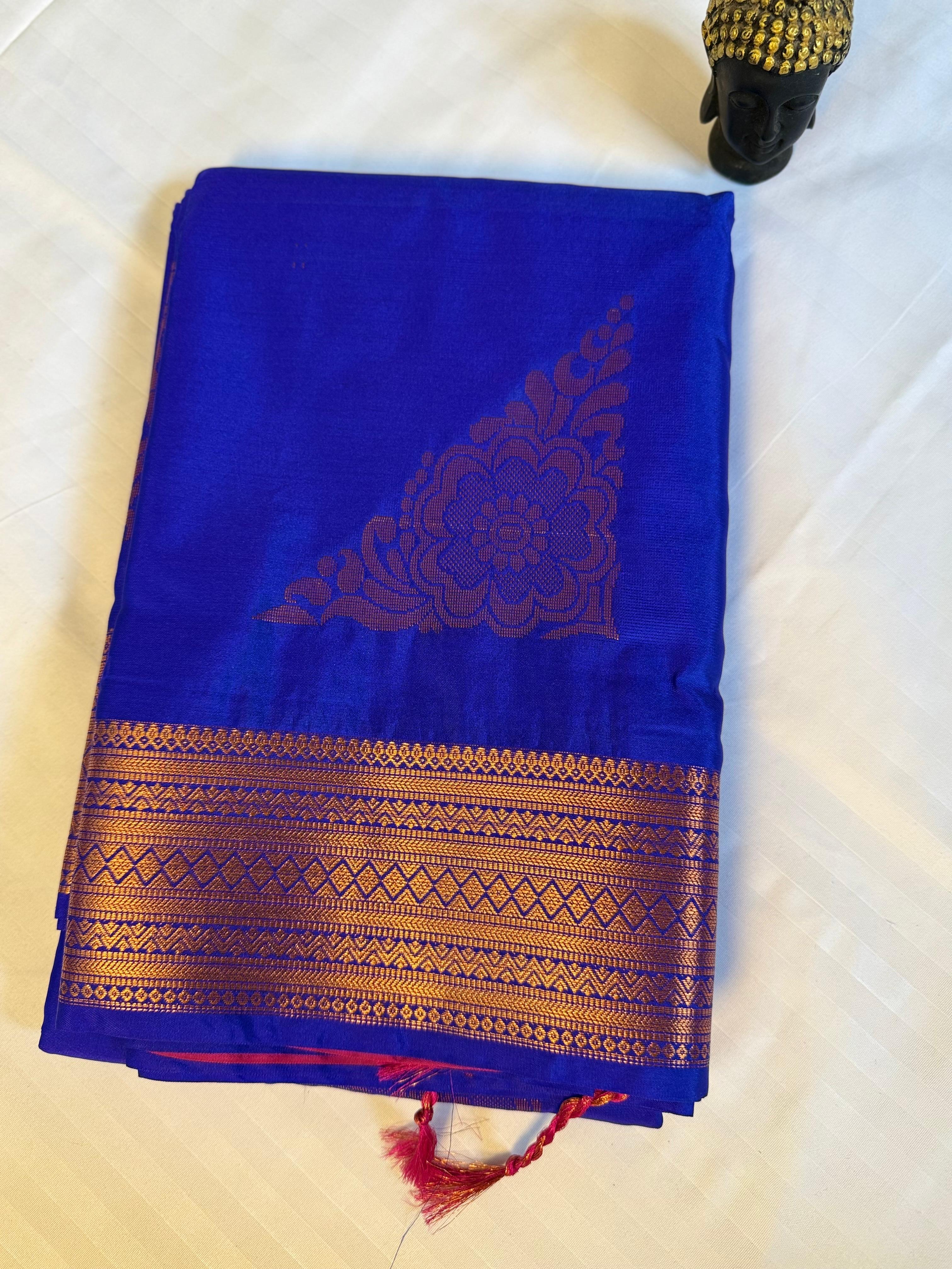 Royal Blue Kanchipuram Silk Saree with Contrast Violet Floral Pallu & Zari Highlights