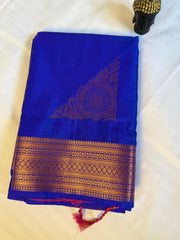 Royal Blue Kanchipuram Silk Saree with Contrast Violet Floral Pallu & Zari Highlights