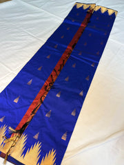 Royal Blue & Rust Red Kanchipuram Silk Saree with Gold Temple Border