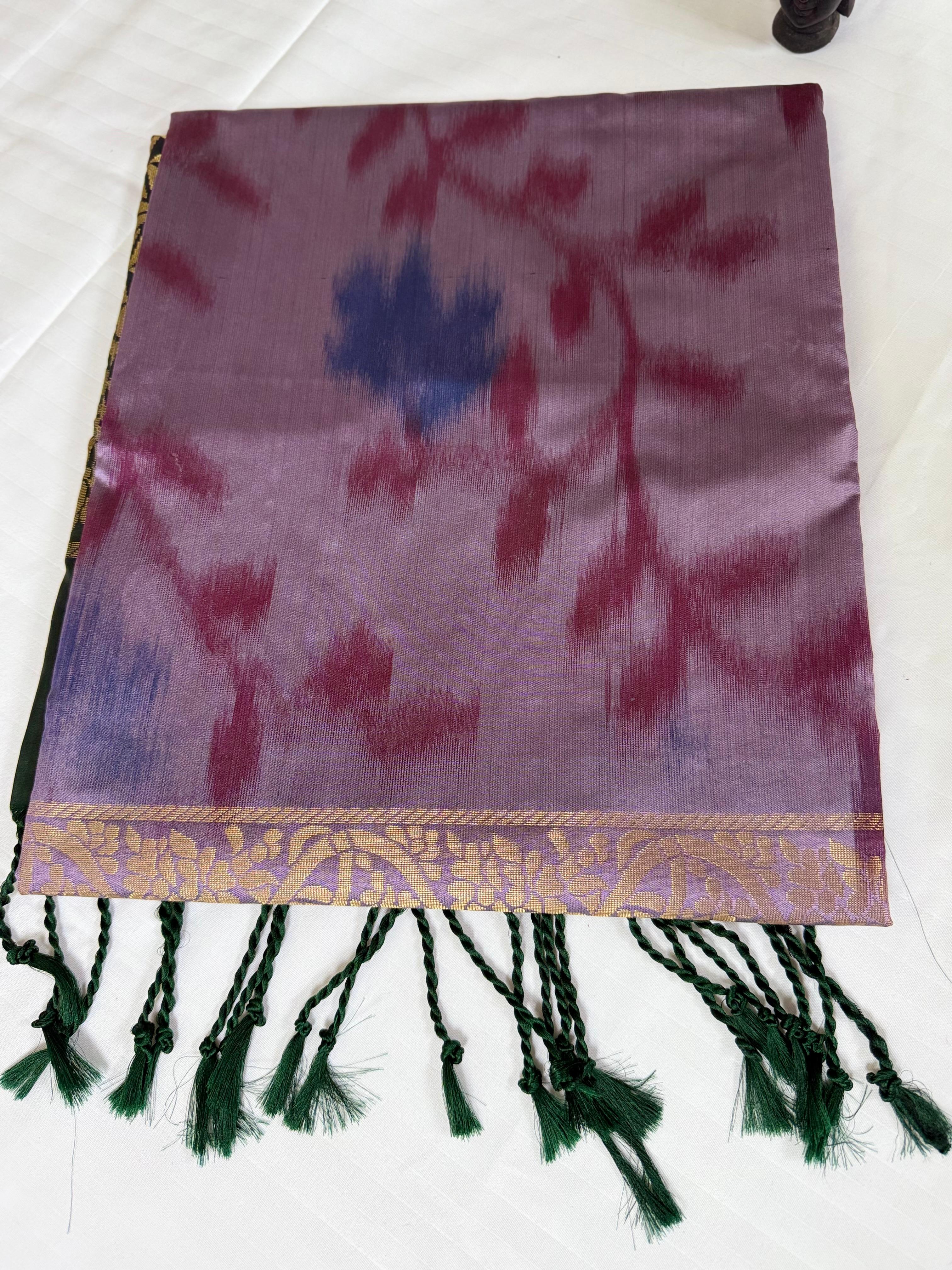 Lavender Ikat Soft Silk Saree with Floral Weave & Black Gold Zari Pallu