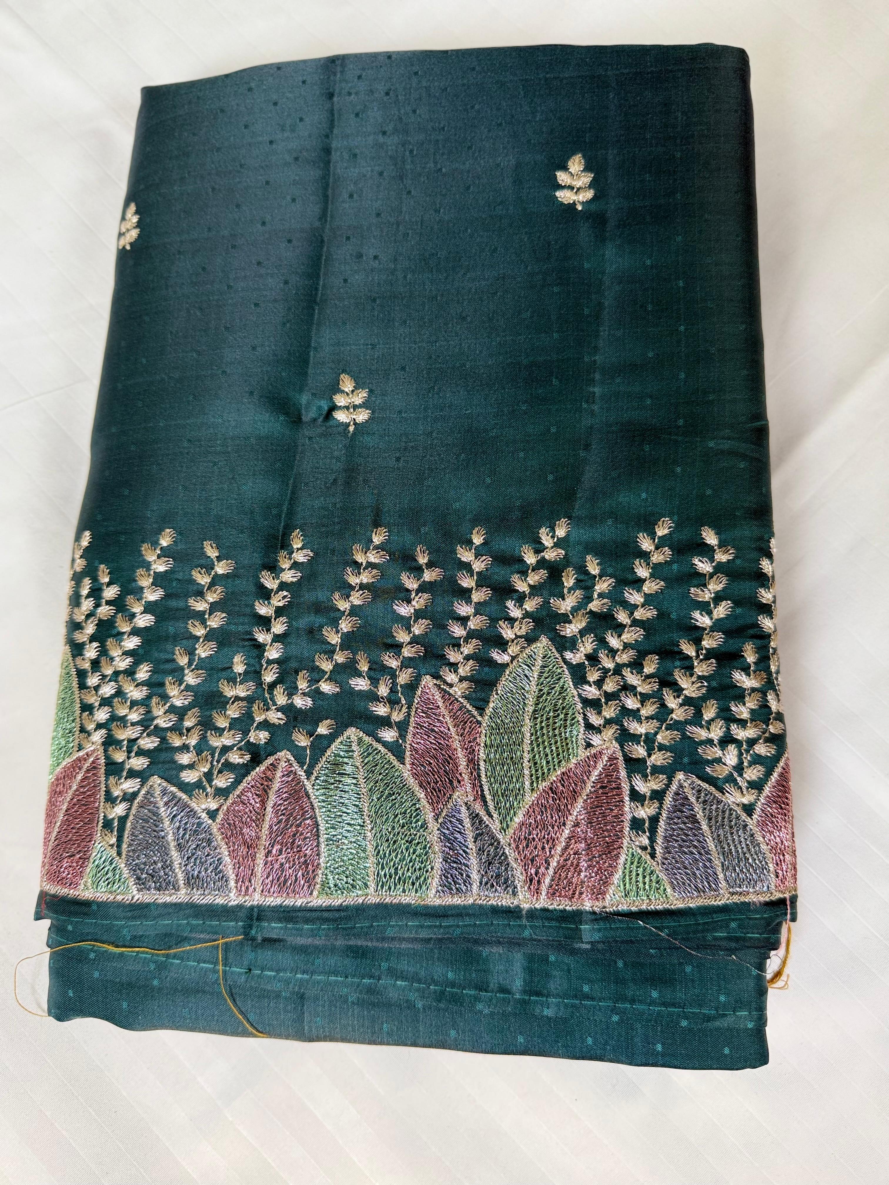 Bottle Green Kanchi Semi Fancy Silk Saree with Leaf Motif Embroidery