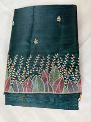 Bottle Green Kanchi Semi Fancy Silk Saree with Leaf Motif Embroidery