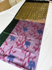 Lavender Ikat Soft Silk Saree with Floral Weave & Black Gold Zari Pallu