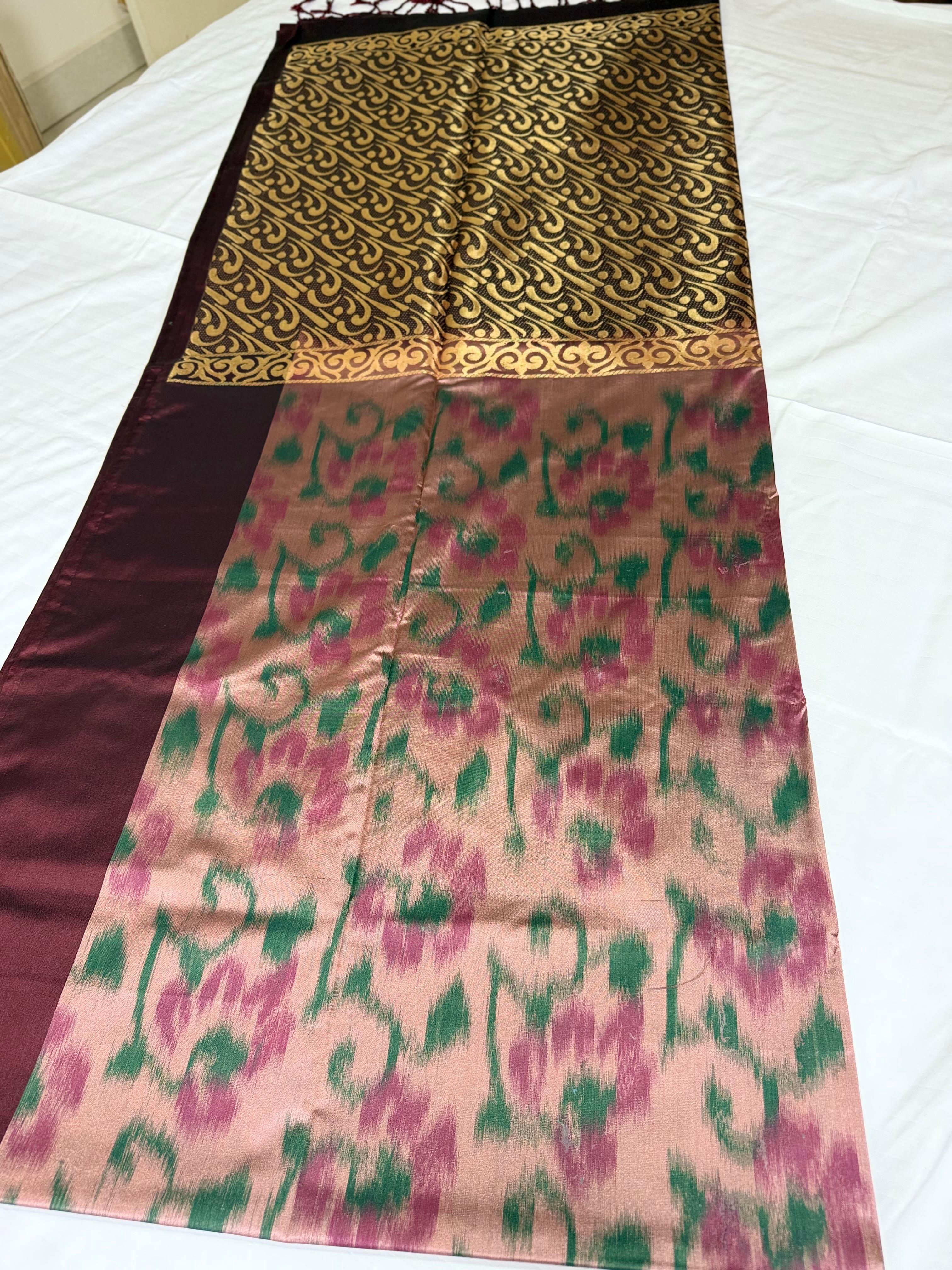 Ikat-Inspired Peach & Wine Soft Silk Saree with Gold Zari Scrollwork Pallu