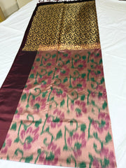 Ikat-Inspired Peach & Wine Soft Silk Saree with Gold Zari Scrollwork Pallu