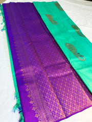 Aqua Green & Royal Purple Kanchipuram Pure Silk Saree with Paisley Motifs