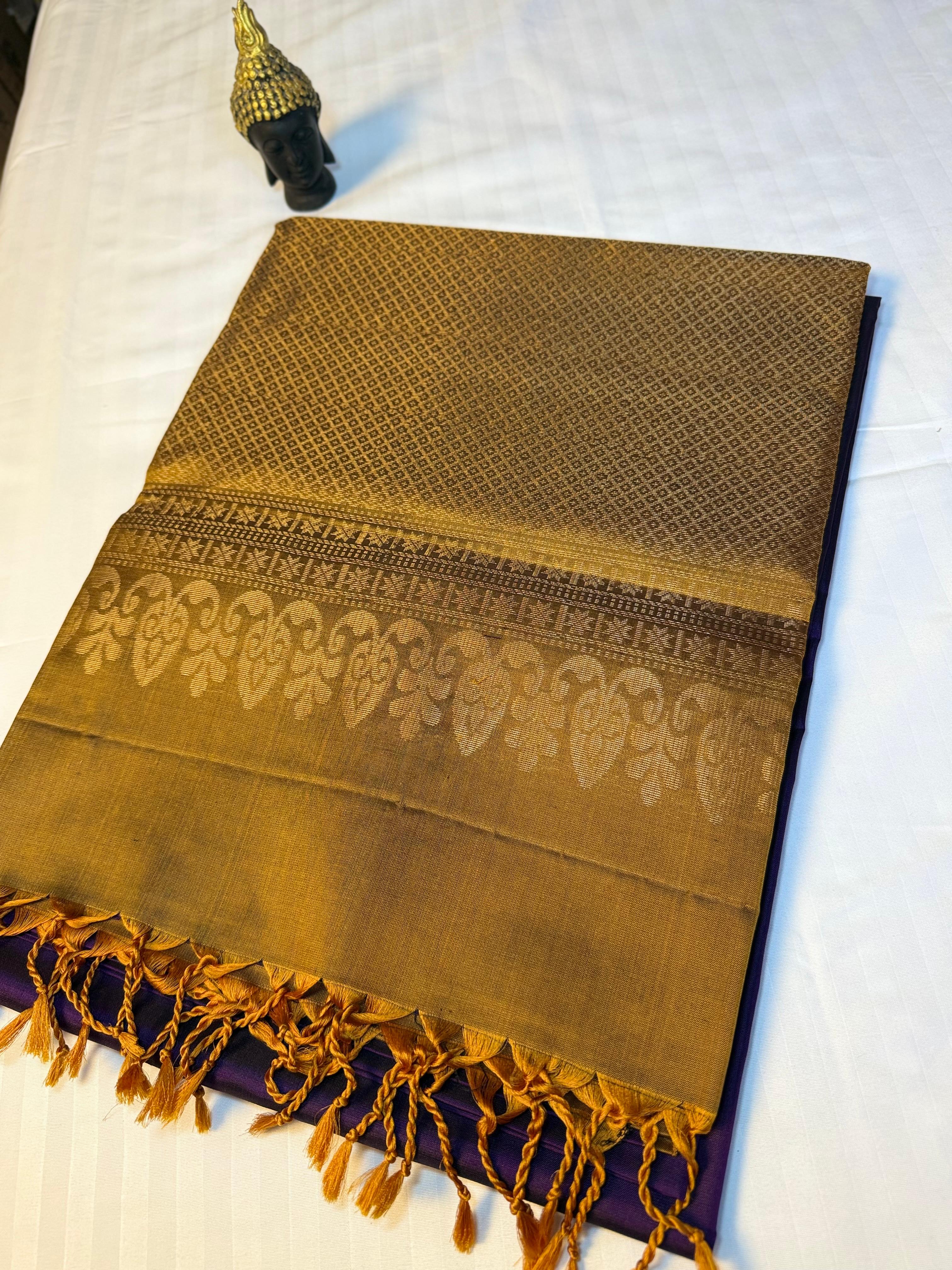 Royal Purple & Antique Gold Kanchipuram Silk Saree with Dancing Doll Motifs