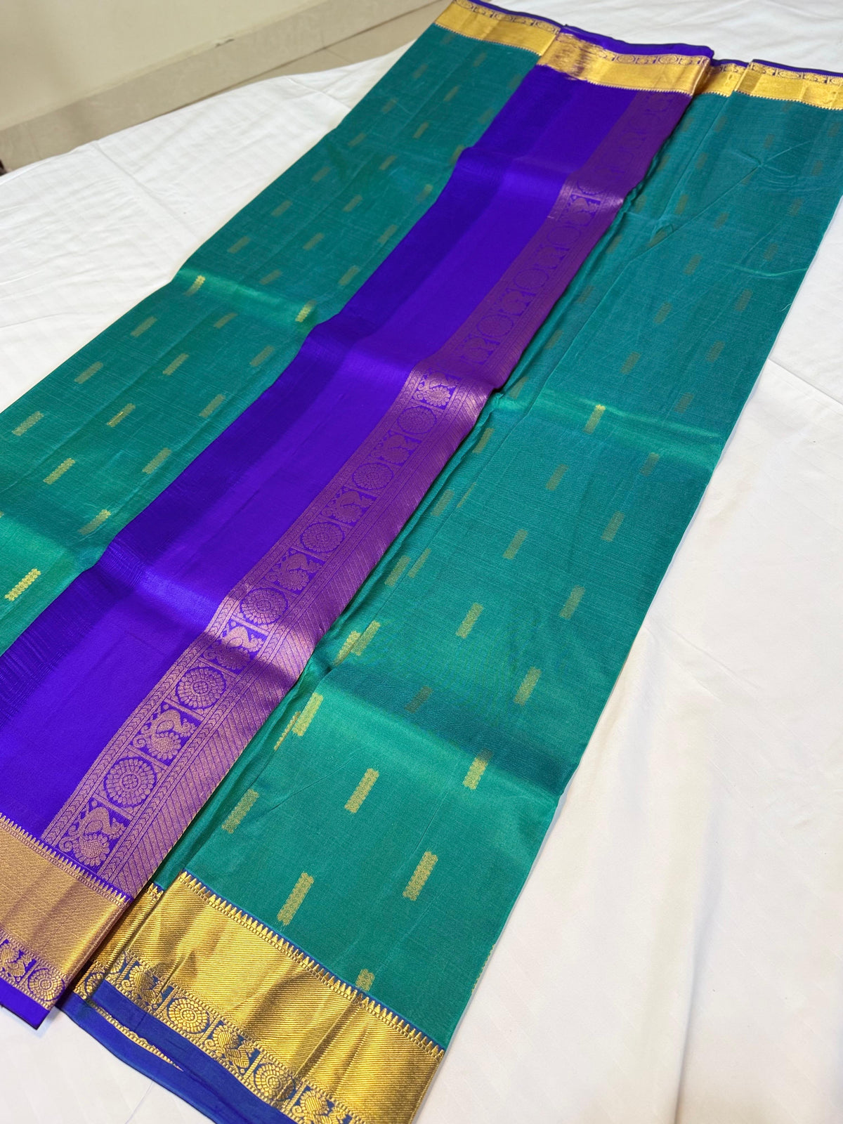 Teal Green & Royal Blue Kanchipuram Silk Saree with Traditional Border