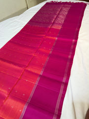 Rani Pink & Orange Kanchipuram Silk Saree with Floral Jacquard Pallu