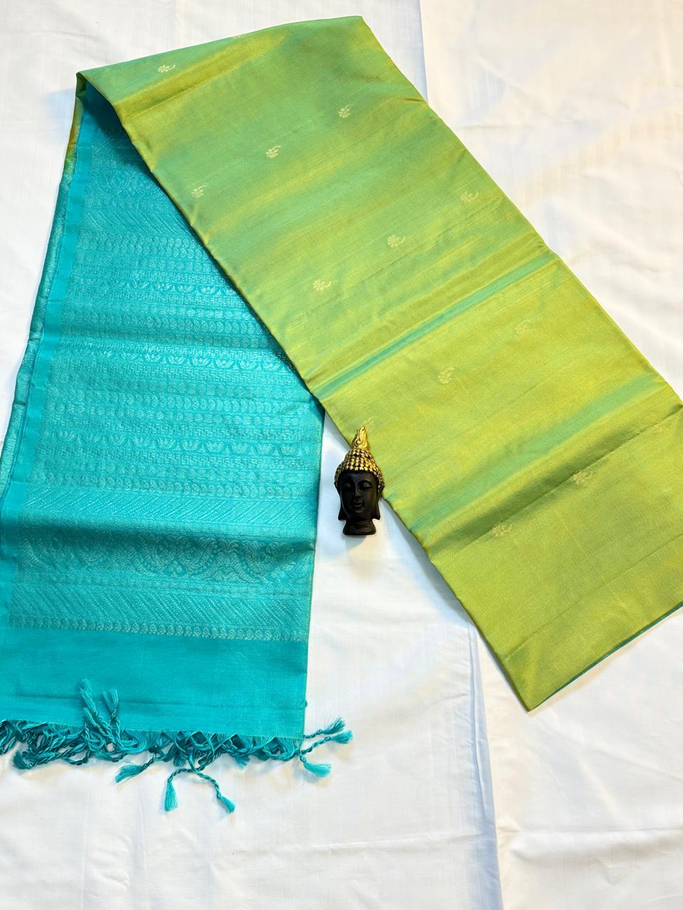 Dual-Shade Green & Blue Kanchipuram Silk Saree with Peacock Motif Pallu