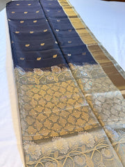 Midnight Blue & Champagne Gold Kanchi Pure Silk Saree with Floral Brocade Pallu