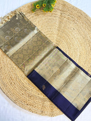 Midnight Blue & Champagne Gold Kanchi Pure Silk Saree with Floral Brocade Pallu