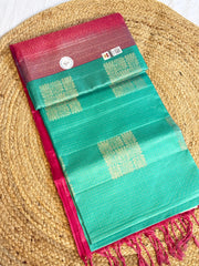 Turquoise Green with Dual-Tone Pink Pallu & Gold Zari Floral Pure Kanchipuram Silk Saree