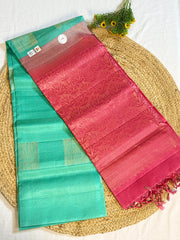 Turquoise Green with Dual-Tone Pink Pallu & Gold Zari Floral Pure Kanchipuram Silk Saree