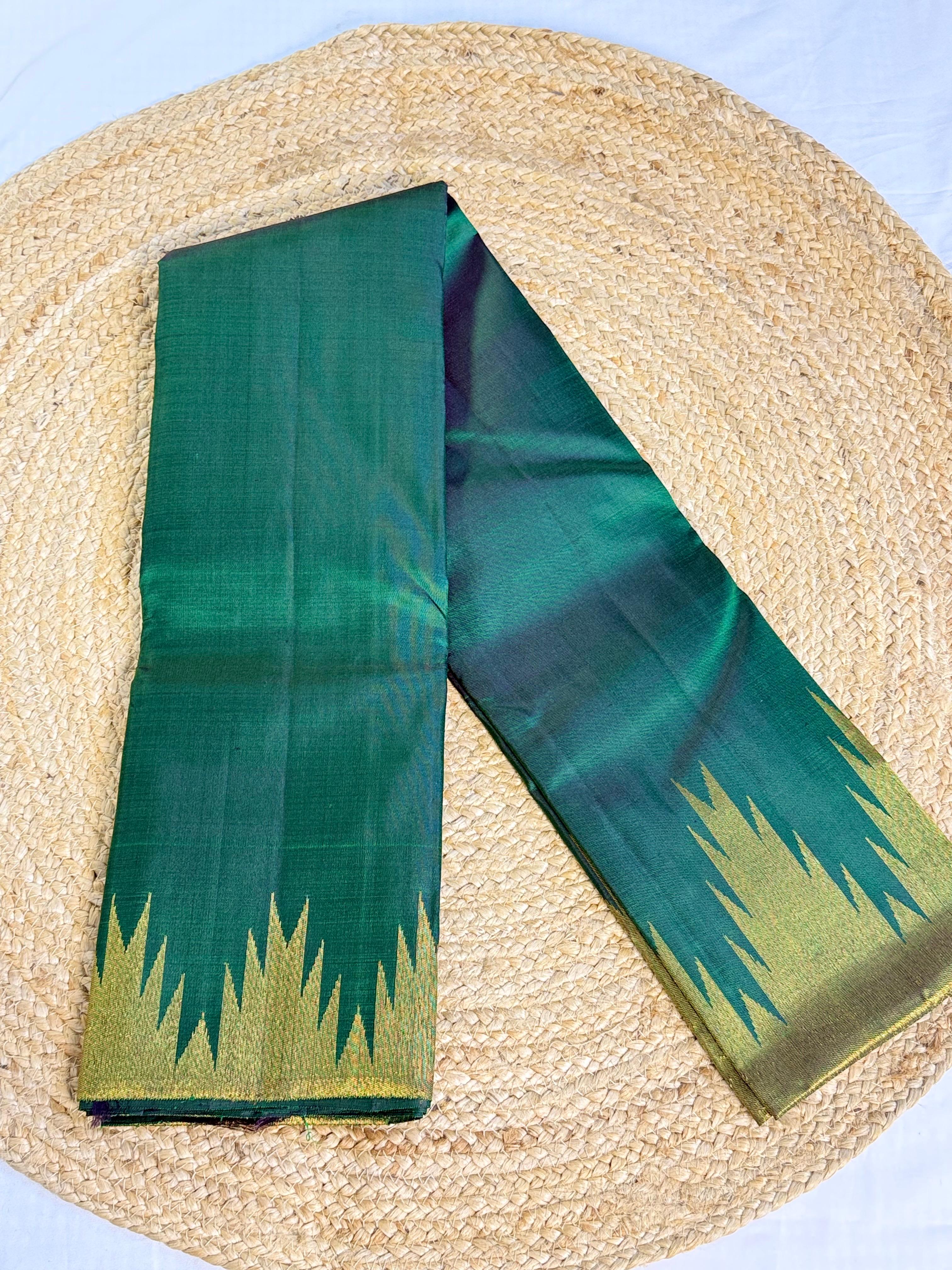 Emerald Green Kanchipuram Silk Saree with Gold Zari Pallu & Zigzag Temple Border