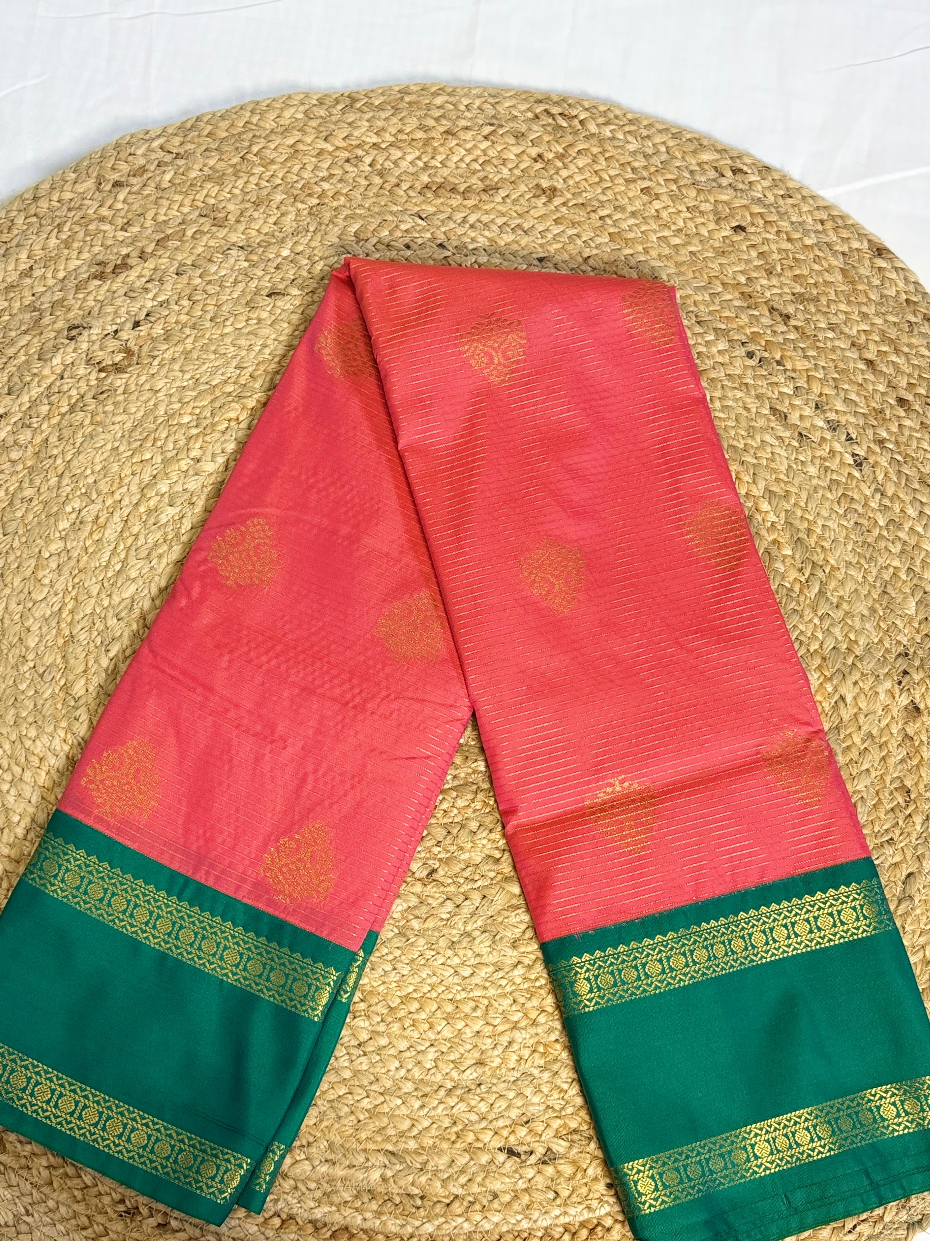 Peach with Green Zari Border Elegent  Kanchipuram Silk Saree
