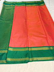Peach with Green Zari Border Elegent  Kanchipuram Silk Saree