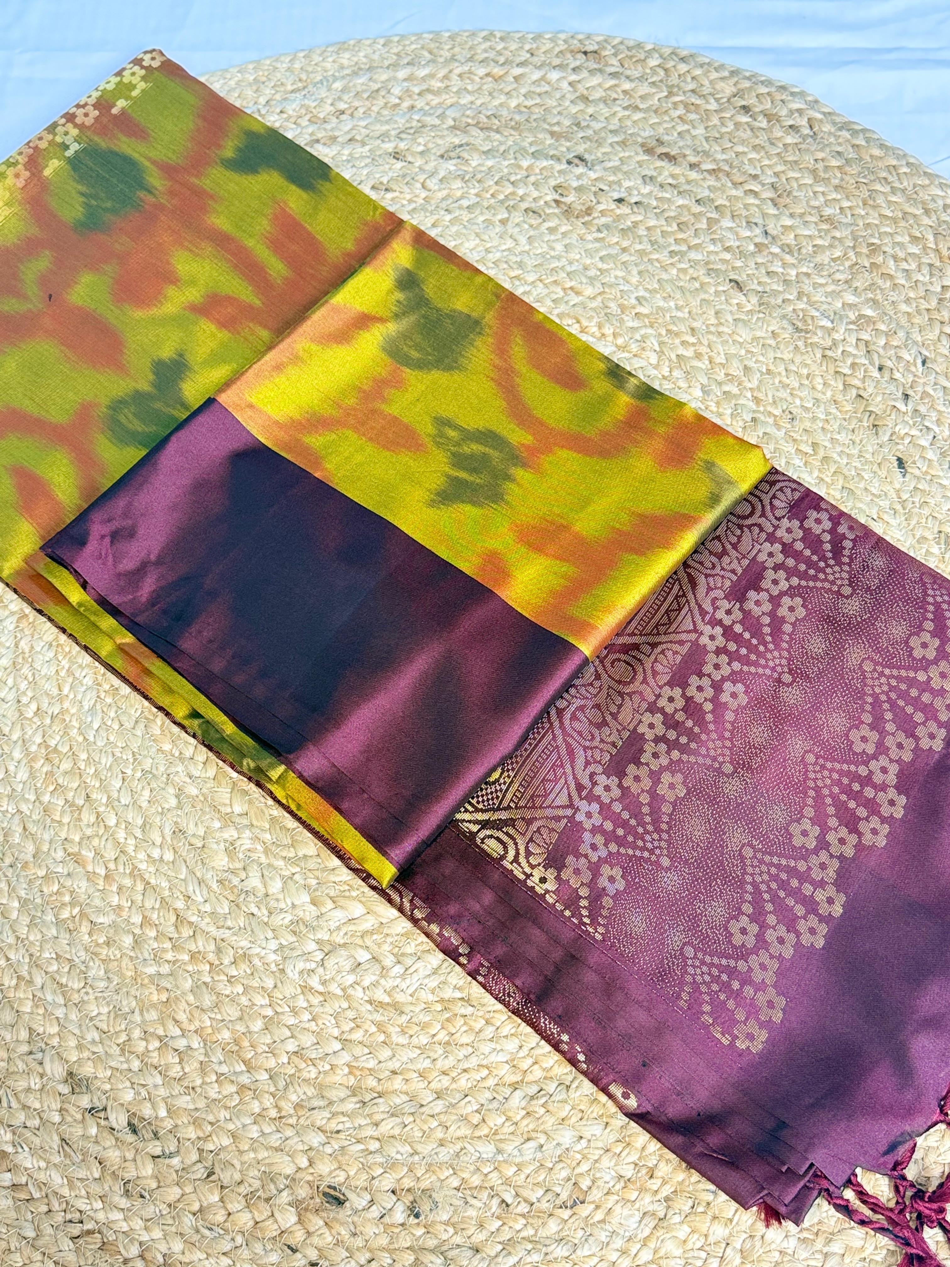 Ikat Pattern Contrast Maroon Border Kanchipuram Silk Saree