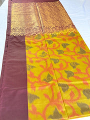 Ikat Pattern Contrast Maroon Border Kanchipuram Silk Saree