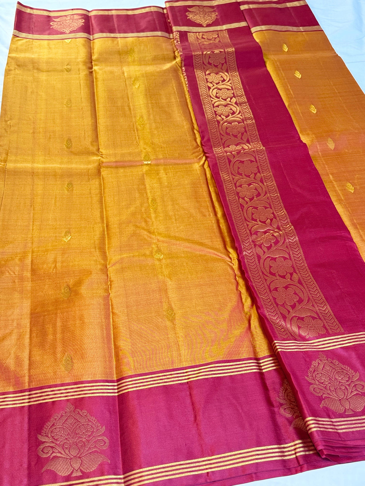 Golden Mustard with Rani Pink Floral Border – Kanchipuram Silk Saree