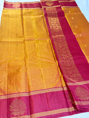 Golden Mustard with Rani Pink Floral Border – Kanchipuram Silk Saree