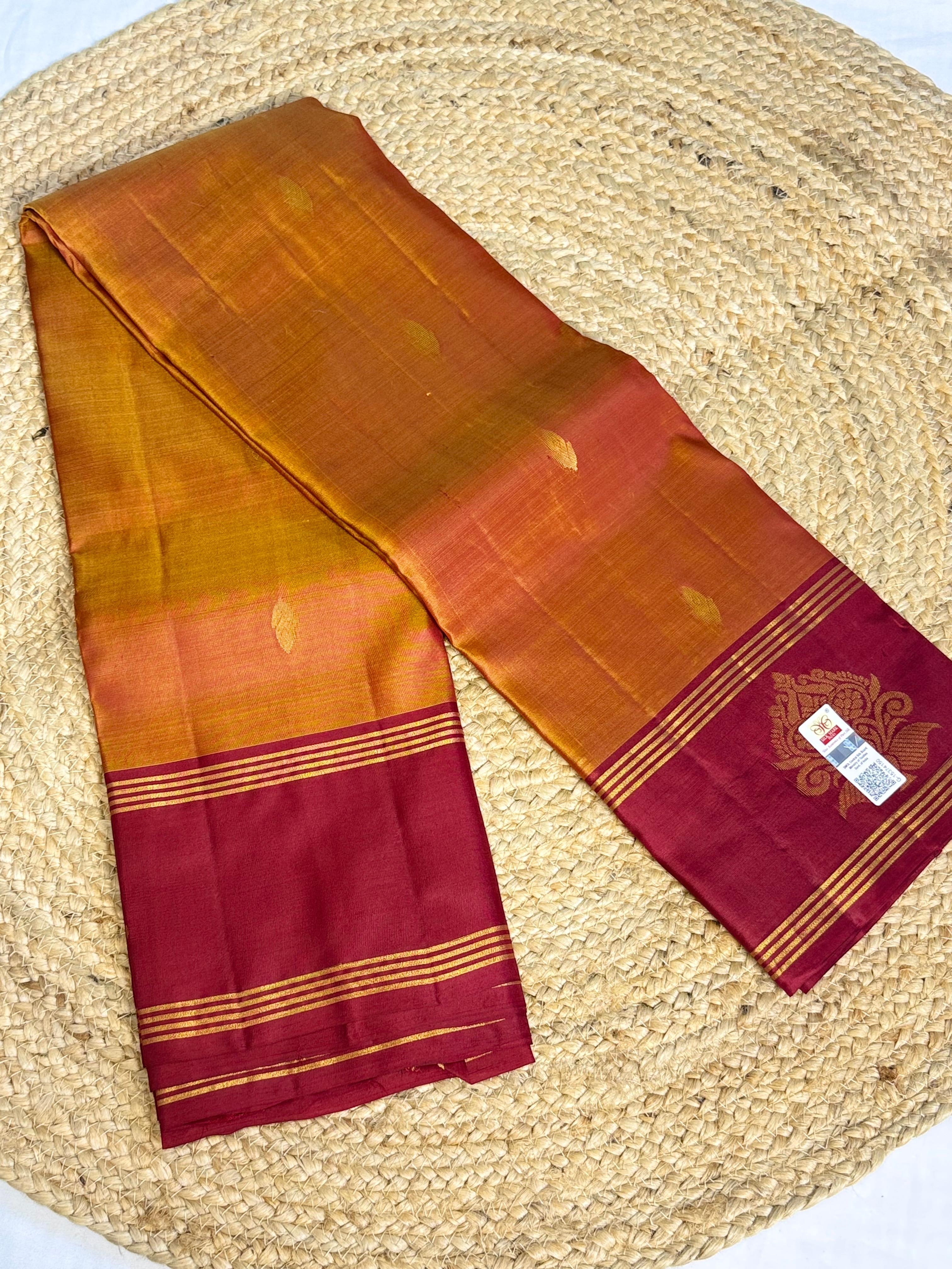 Golden Mustard with Rani Pink Floral Border – Kanchipuram Silk Saree