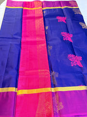 Royal Blue with Rani Pink Floral Motifs – Kanchipuram Silk Saree