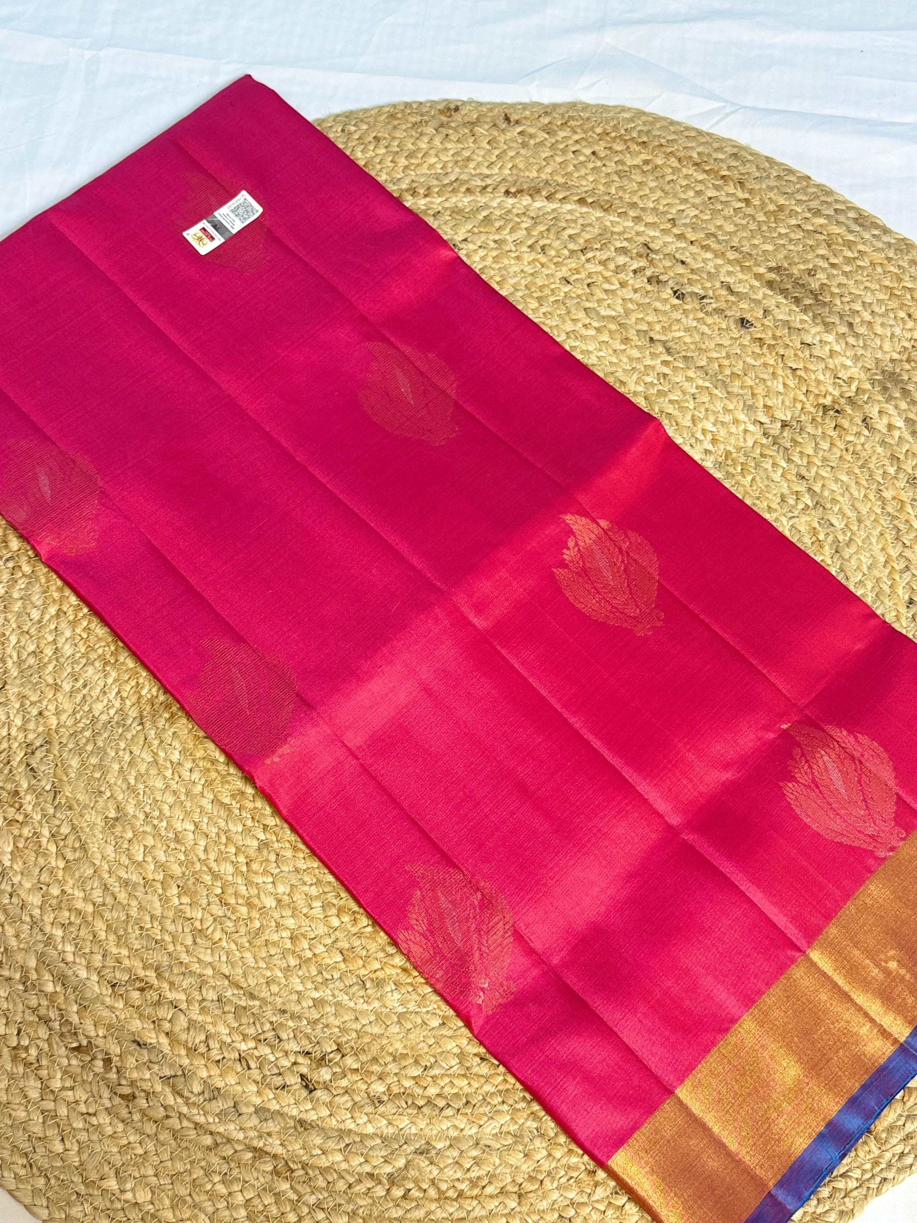 Peacock Blue with Rani Pink Leaf Motifs – Kanchipuram Silk Saree