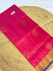 Peacock Blue with Rani Pink Leaf Motifs – Kanchipuram Silk Saree
