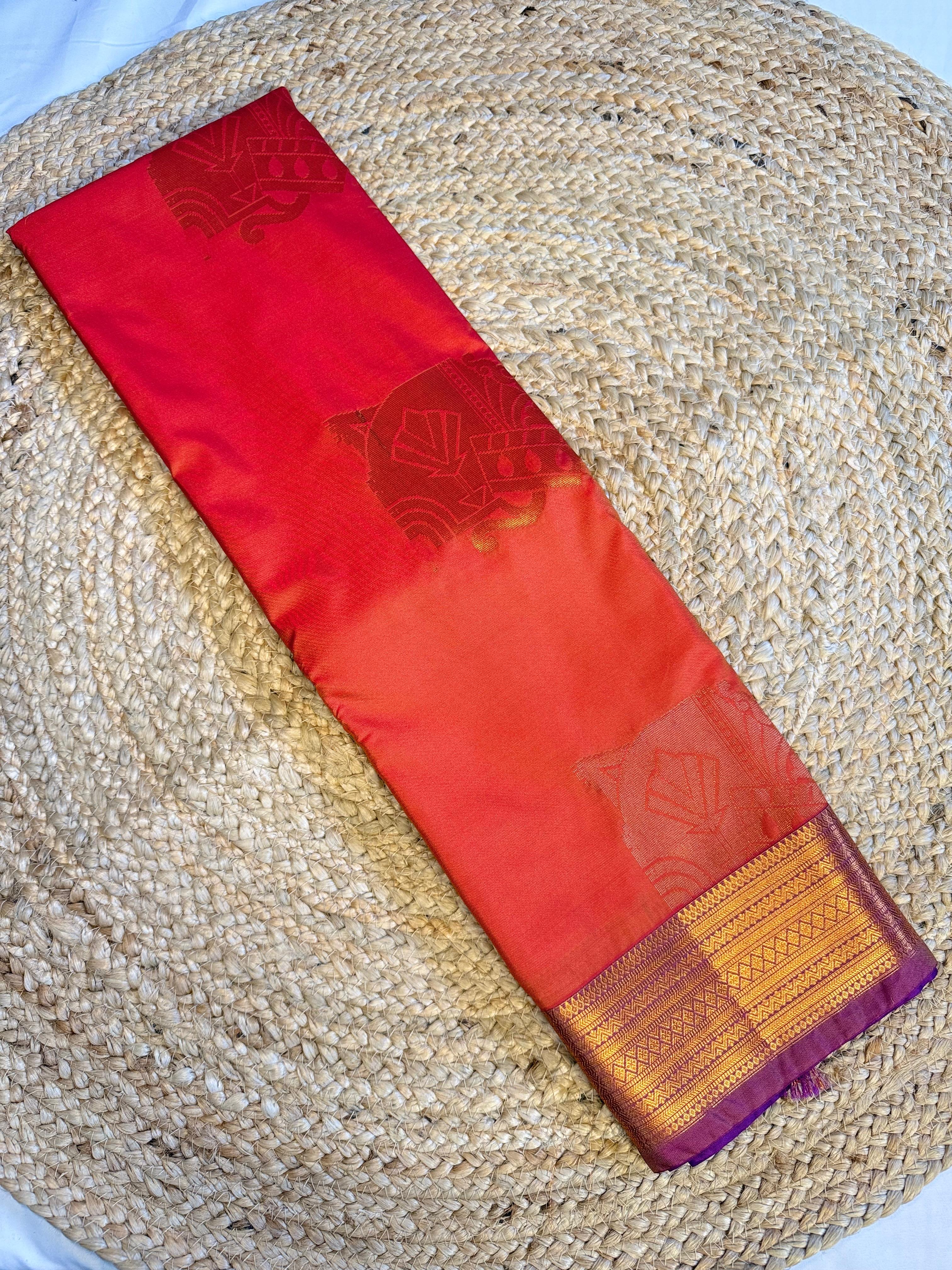 Majestic Purple & Rust Orange Kanchipuram Silk Saree with Antique Gold Zari Pallu & Motifs