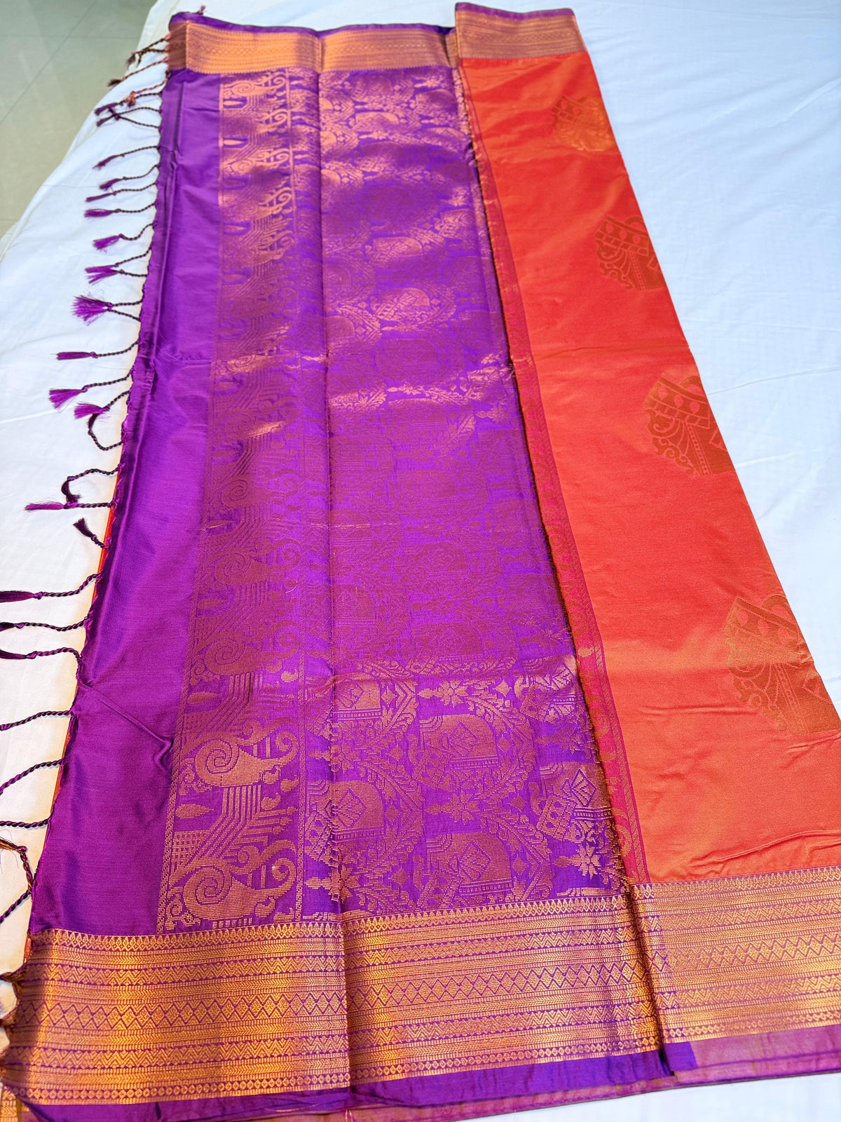 Majestic Purple & Rust Orange Kanchipuram Silk Saree with Antique Gold Zari Pallu & Motifs