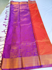 Majestic Purple & Rust Orange Kanchipuram Silk Saree with Antique Gold Zari Pallu & Motifs