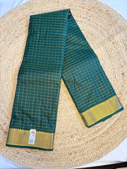 Bottle Green Checked Kanchipuram Silk Saree with Intricate Gold Zari Borders