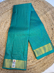 Parrot Green Kanchipuram Silk Saree with Lustrous Golden Zari Checks & Temple Border