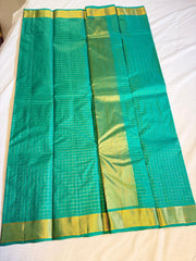 Parrot Green Kanchipuram Silk Saree with Lustrous Golden Zari Checks & Temple Border
