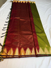 Parrot Green & Maroon Kanchipuram Silk Saree with Radiant Golden Temple Zari Borders
