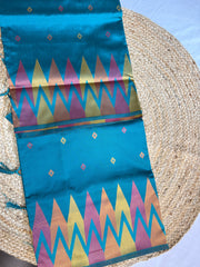 Teal Green Kanchipuram Silk Saree with Ikat-Inspired Geometric Pallu & Multicolor Zari Play