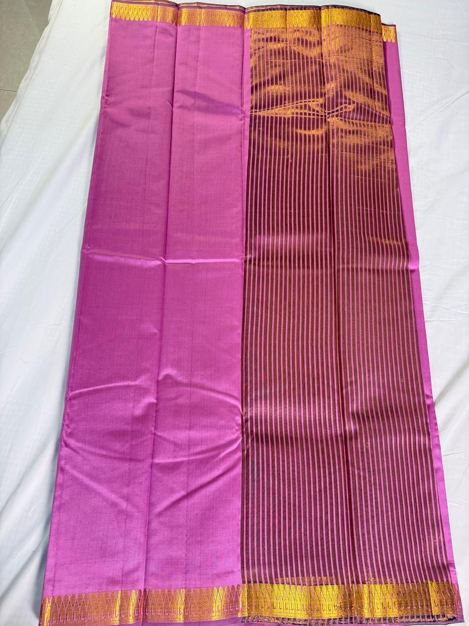 Rani Pink Kanchipuram Silk Saree with Maroon Striped Pallu & Golden Zari Borders
