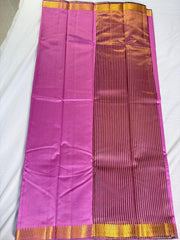 Rani Pink Kanchipuram Silk Saree with Maroon Striped Pallu & Golden Zari Borders