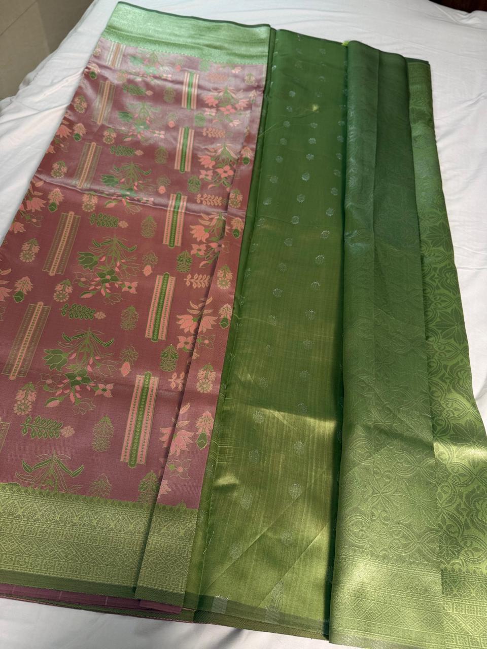 Verdant Harmony Kanchi Semi Fancy Silk Saree with Dual Tone Panel Weave
