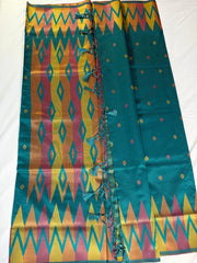 Teal Green Kanchipuram Silk Saree with Ikat-Inspired Geometric Pallu & Multicolor Zari Play