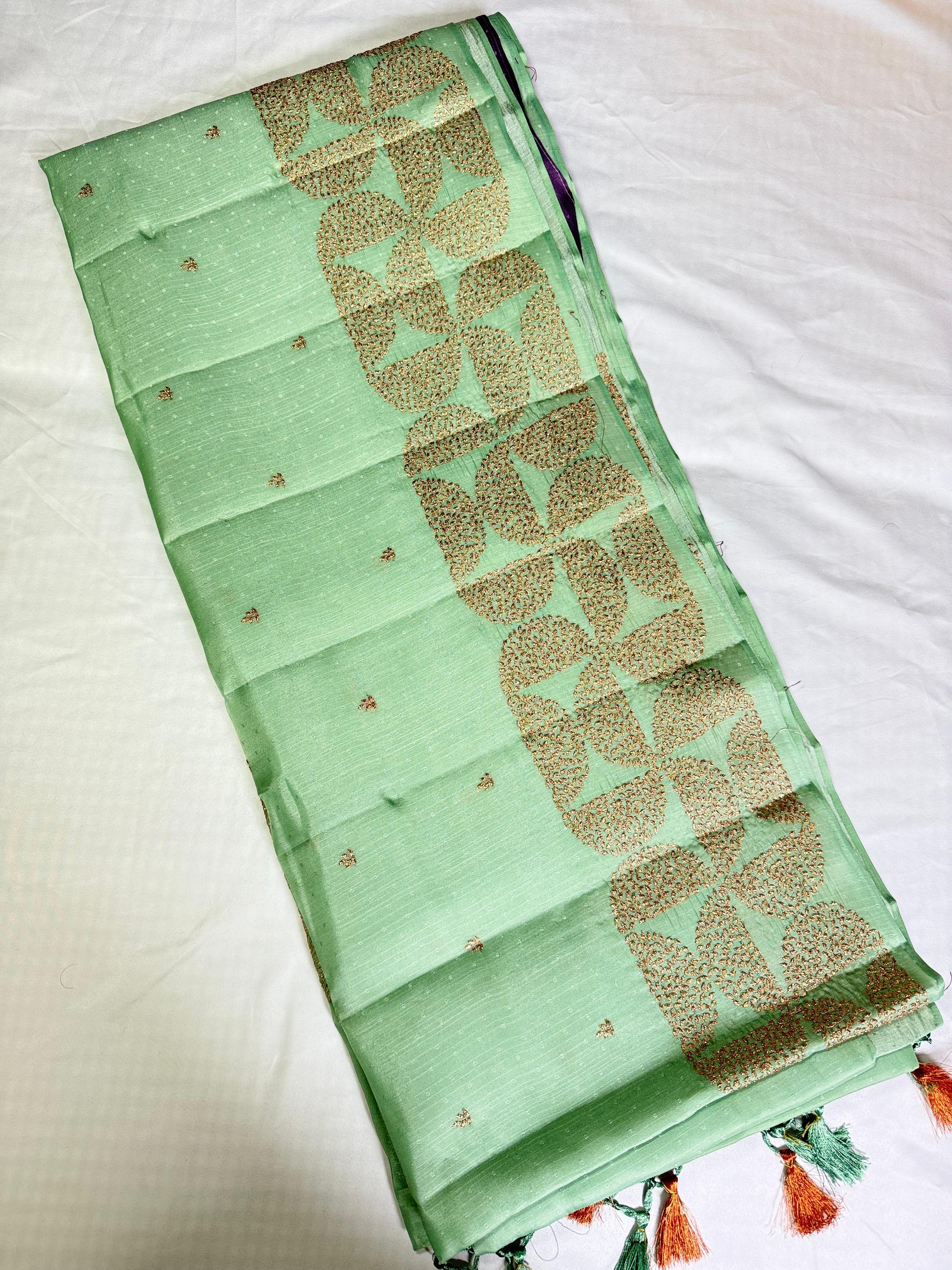 Mint Lilac Glow Kanchipuram Pure Silk Saree with Embroidered Motifs