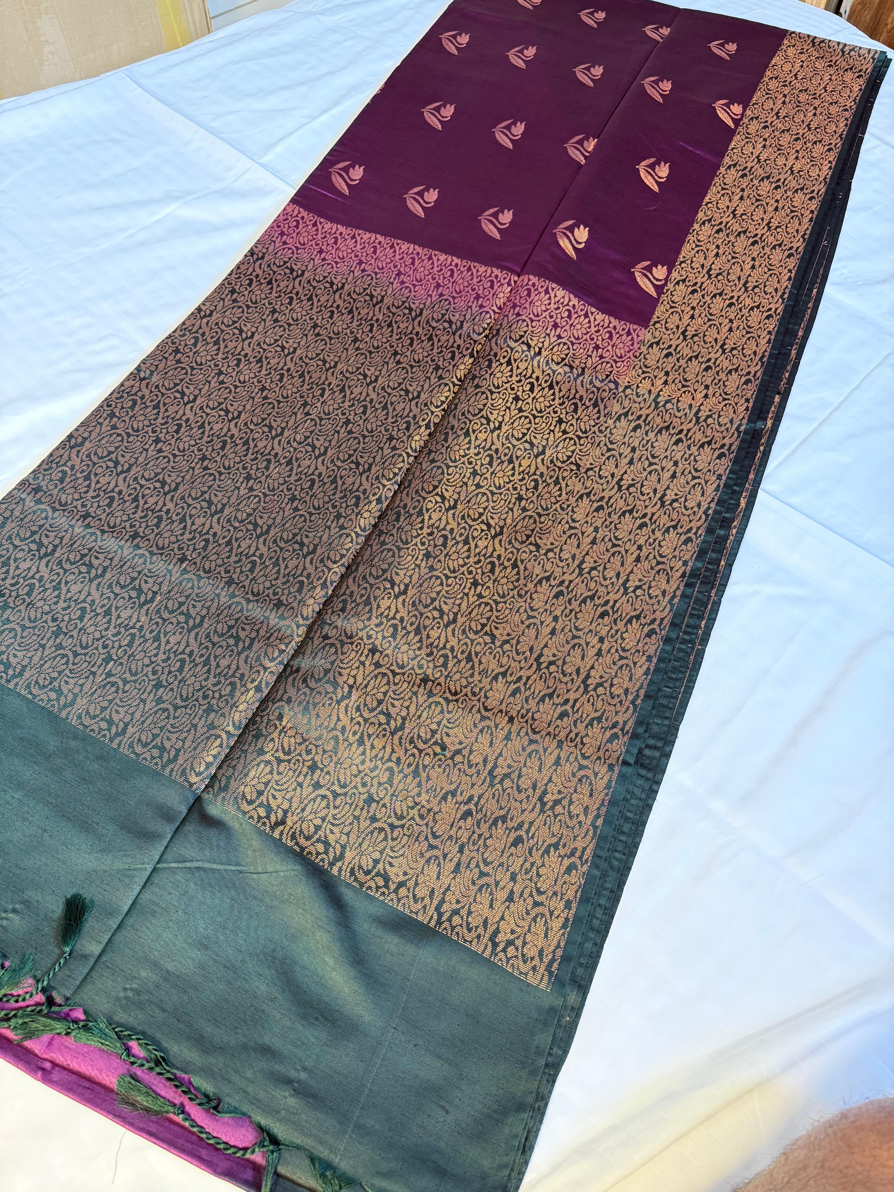 Majestic Purple & Teal Kanchipuram Saree with Dual Tone Pallu & Lotus Zari Motifs